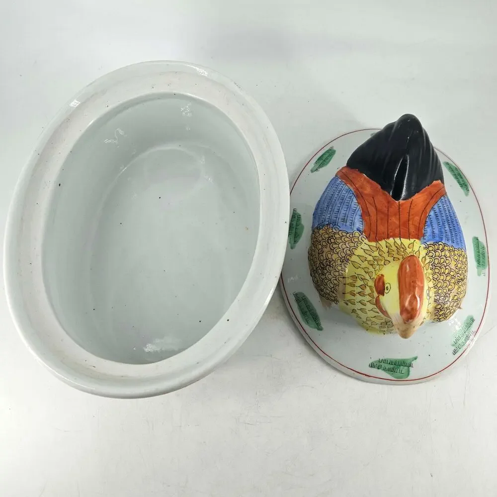 Vintage Chinese Hand Painted hen on nest Covered Casserole Dish Tureen